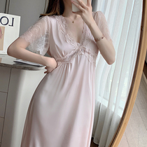 Sexy Fast-style short sleeves Long style High feeling sleeping skirt woman Summer thin section Slim V Collar Palace Wind Retro Lace Pajamas