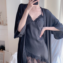 Spring Summer sexy sleepwear womens temperament Body Lace Harness Ice Silk Sleeping Dress Sleepwear Thin pieces Two sets of home clothes