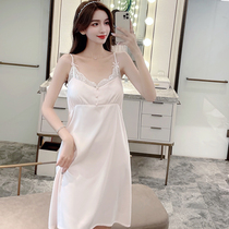 Sexy Ice Silk Sleeping Dress Woman Summer V lead lace High feeling with chest cushion can be external wearing a long style sleeping dress in silk