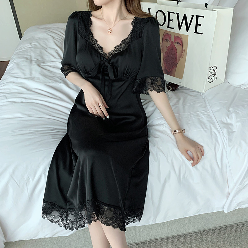 Sexy nightdress with chest pad female summer ice silk thin section short-sleeved lace mid-length version black temptation palace style pajamas