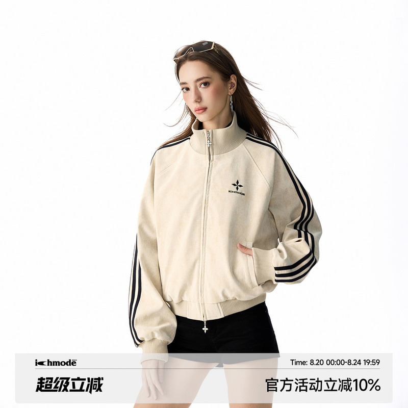 Ichmode Celebrity Style Three-Stripe Lychee Pattern Pu Leather Jacket for Women 2026 Autumn Sports Jacket