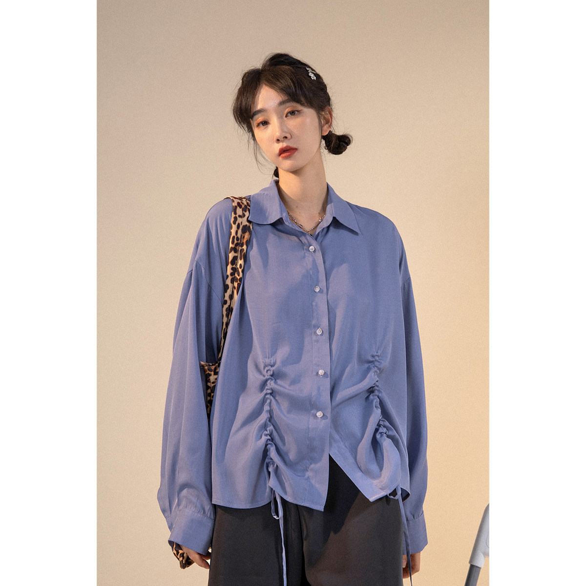 UBUIE dried fish drawstring ice silk shirt women's 2021 new loose thin section design sense niche long-sleeved shirt