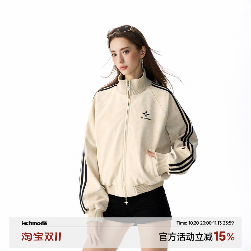 Ichmode Celebrity Style Three-Stripe Lychee Pattern Pu Leather Jacket Women's 2026 Autumn Sports Jacket Cotton Coat Ichmode Celebrity Style Three-Stripe Lychee Pattern Pu Leather Jacket Women's 2026 Autumn Sports Jacket Cotton Coat