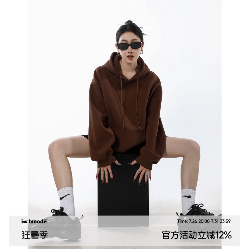 Ich Mode American-Style Hooded Coffee-Colored Sweatshirt for Women, New Autumn Loose Solid Color Pullover Jacket, Lazy Style Ich Mode American-Style Hooded Coffee-Colored Sweatshirt for Women, New Autumn Loose Solid Color Pullover Jacket, Lazy Style