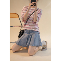 UBUIE dried fish denim skirt womens summer thin a-shaped bag hip pleated skirt high waist slim Joker skirt