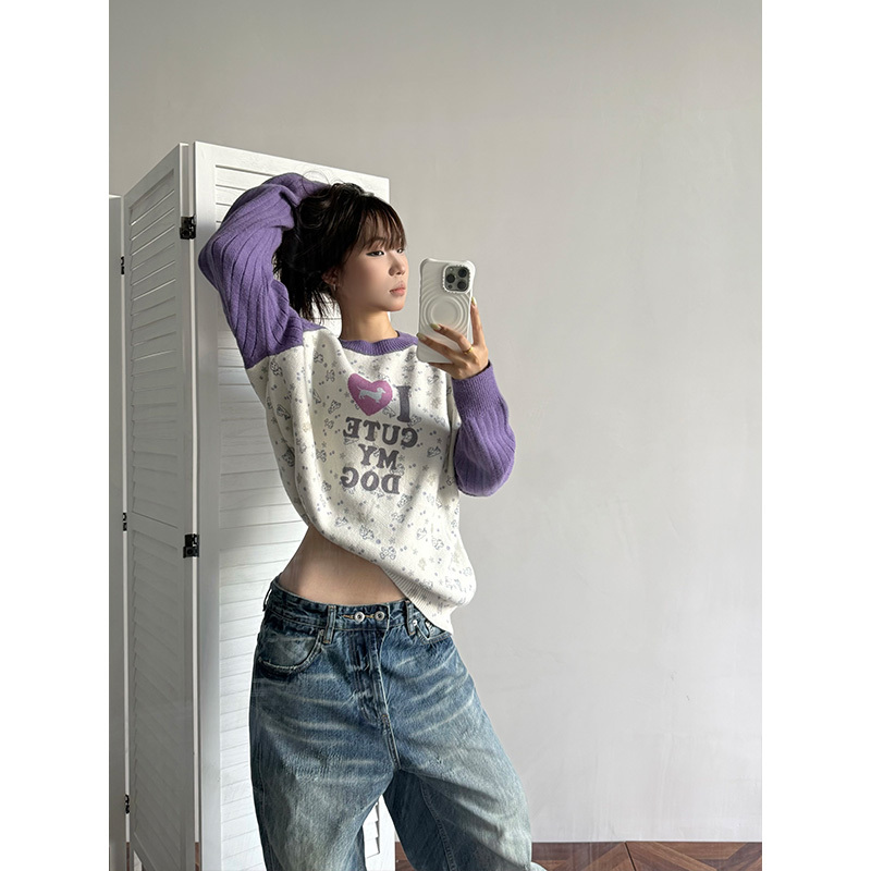 7Th Studio American-Style Fun Print Color-Blocked Long-Sleeved Knitted Sweater for Women, Autumn Loose and Versatile Pullover Sweater