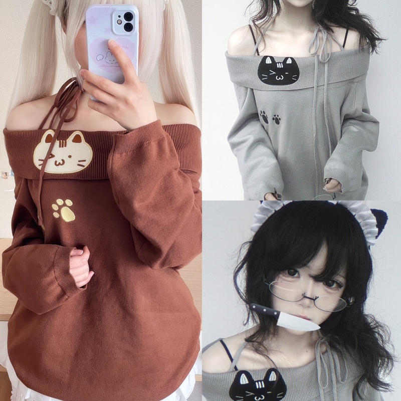 Yameko Original One-Shoulder Sweater with Cute Brown Cat Paw and Gray Halter Neck for Early Autumn Yameko Original One-Shoulder Sweater with Cute Brown Cat Paw and Gray Halter Neck for Early Autumn