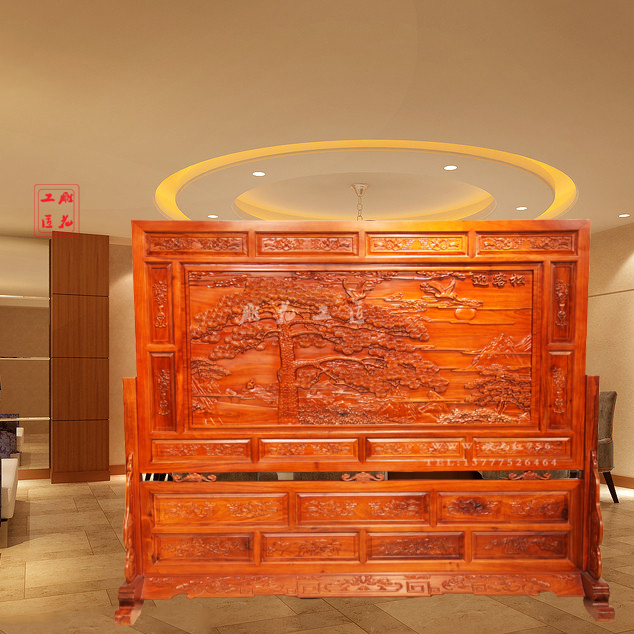 East Yang Wood Carving Screen Engraving Solid Wood Seat Screen Partition New Chinese Genguan Living-room Greeting Guest Pine Pine Cranes for an annual insertion screen