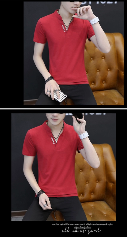 Áo thun nam tay ngắn phong cách mới 裇 cotton cổ áo nhỏ đứng cổ áo mùa hè nam áo ngắn áo thun burberry