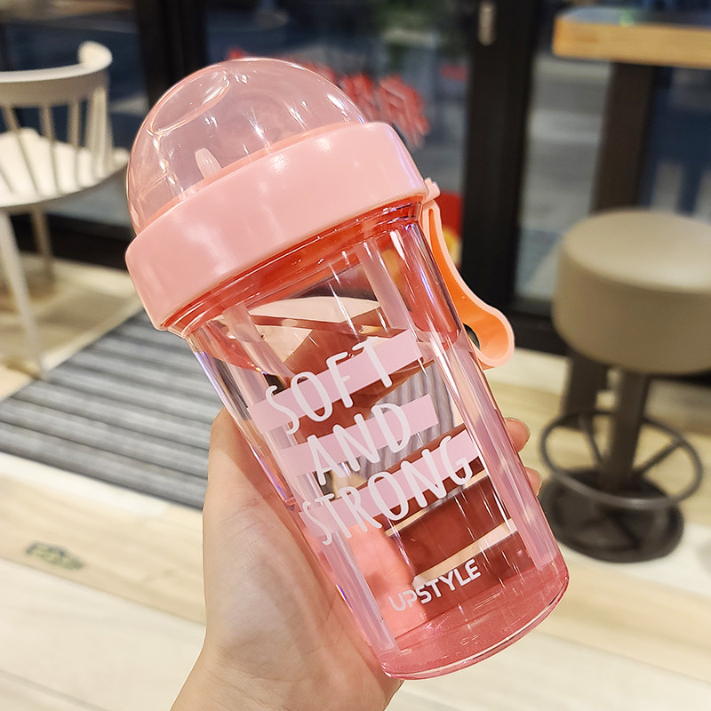 Net Red Double Drink Cup With Straw Brief Water Glass Female Summer Portable Students Ins Wind Small Frescoed Plastic Cup Anti-Leak