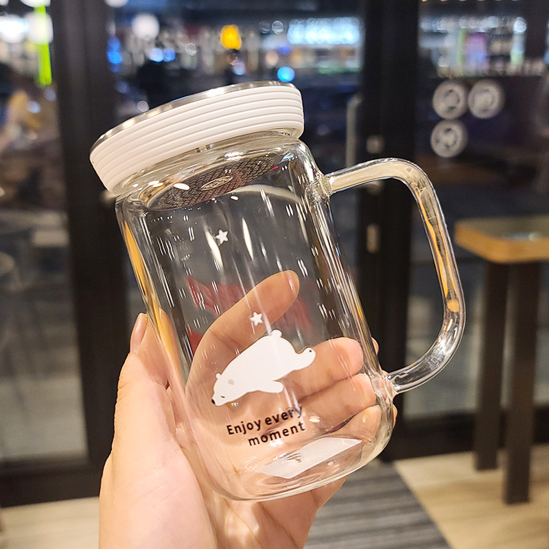 Net red flower tea cup with lid office female cute household with handle glass high-value tea cup Ins