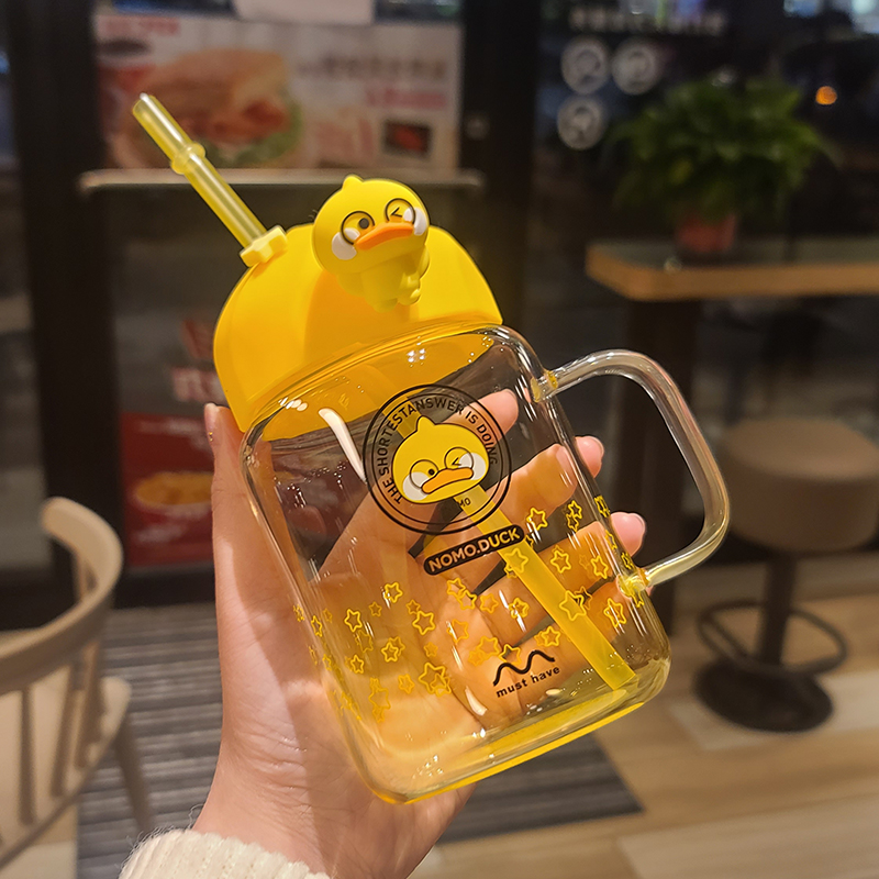 Little yellow duck water cup female cute high-value straw cup student Korean version creative with glass cup dormitory ins