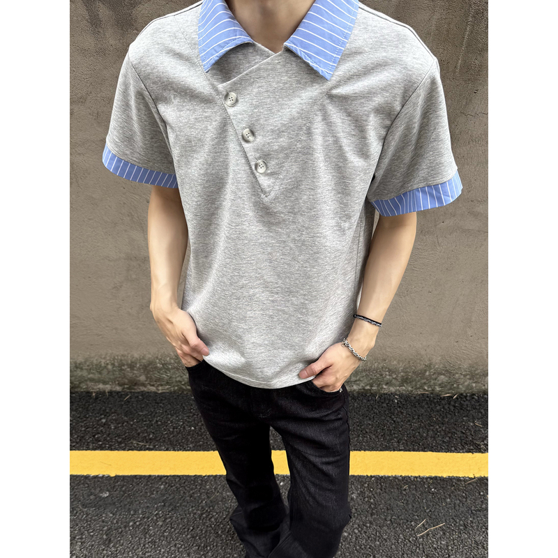 Wthp Summer Minimalist Style Fake Two-Piece Miu-Style Diagonal Button Polo Shirt Unisex Loose Short Spliced Short-Sleeve T-Shirt