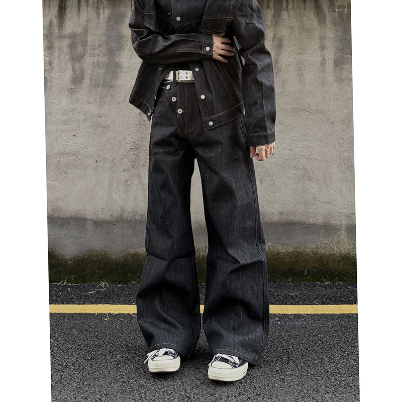 Wthp American Retro Diagonal Button Wide-Leg A-Line Raw Denim Jeans with a Unique Design, Loose Straight Black Pants Wthp American Retro Diagonal Button Wide-Leg A-Line Raw Denim Jeans with a Unique Design, Loose Straight Black Pants
