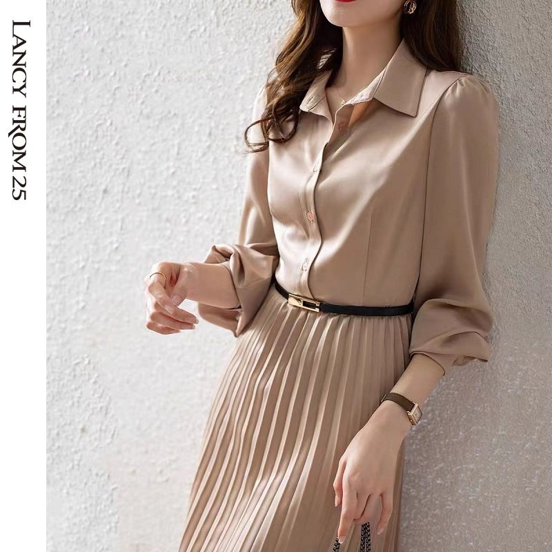 National Tide Dress Style Dress Style 100 Plexant Shirt Long Skirt Woman Cashew Slim Long Sleeve A-word Dress Commute Dress-Taobao