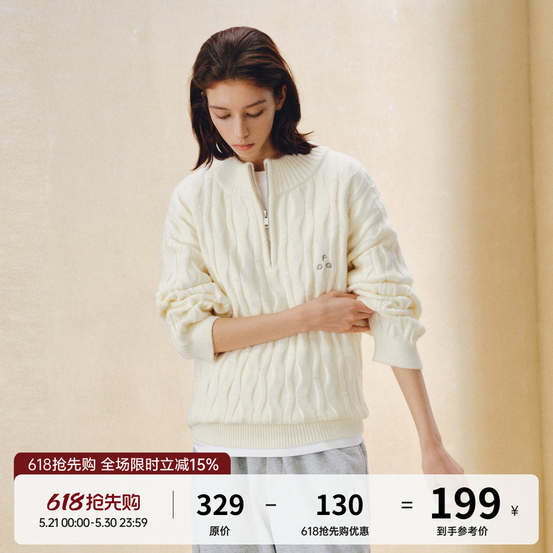 Fpa Half-Zip Half-High Collar Cable Knit Pullover Sweater Casual Retro High-End Autumn Knitwear