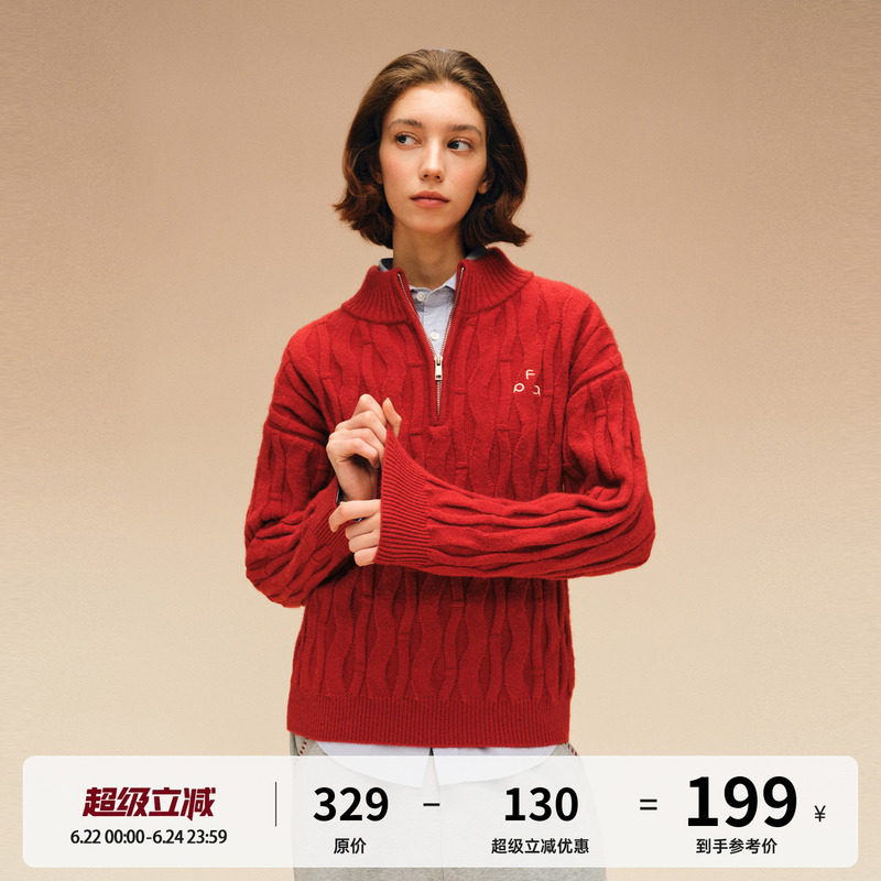 Fpa Zipper Half-High Collar Cable Knit Pullover Sweater, Spring Outfit for the Year of the Horse, Red Couple Knitwear Fpa Zipper Half-High Collar Cable Knit Pullover Sweater, Spring Outfit for the Year of the Horse, Red Couple Knitwear