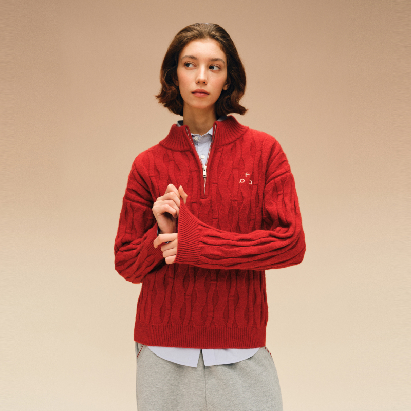 Fpa Zipper Half-High Collar Cable Knit Pullover Sweater, Spring Outfit for the Year of the Horse, Red Couple Knitwear