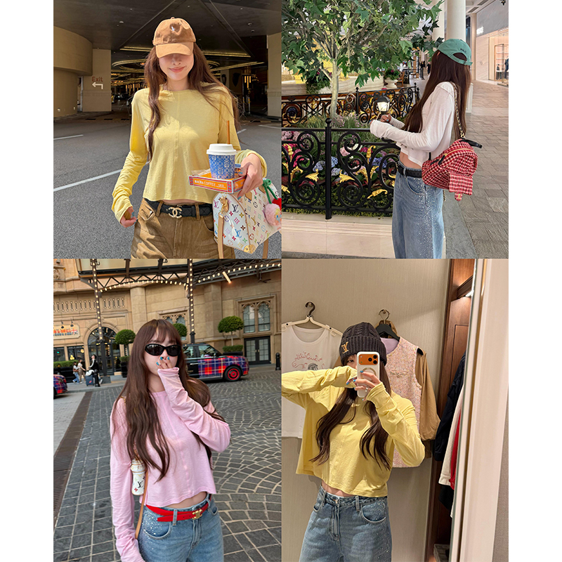 Tingtings Pink Cotton Round Neck Long-Sleeved T-Shirt for Women, New Summer Style, Comfortable and Slimming, Hot Girl Base Shirt Top