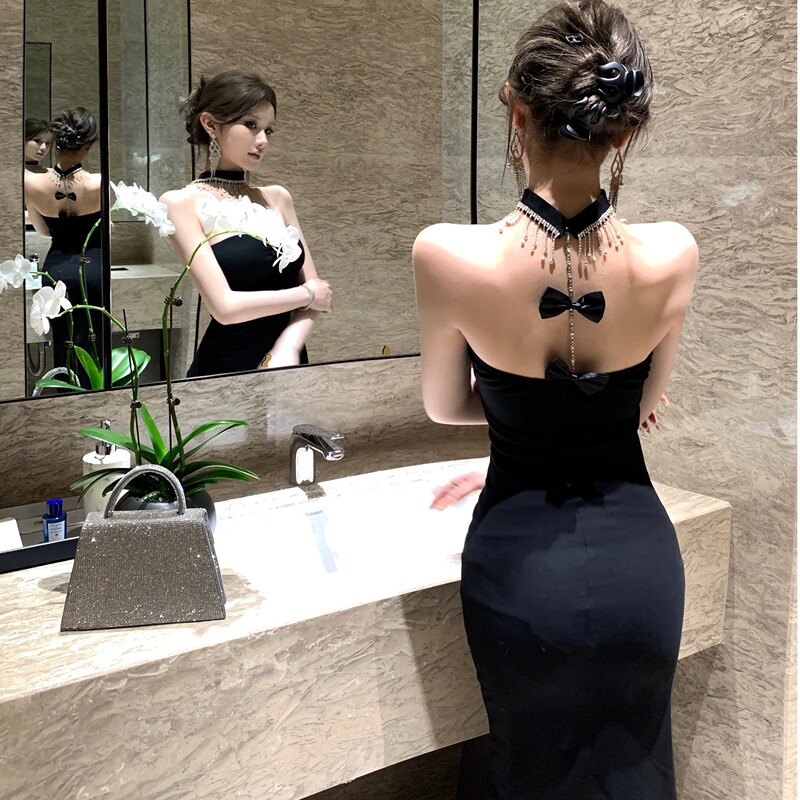 High-End Socialite Style Backless Bow-Tie Rhinestone Halter Dress French Pure Desire Sexy Black Strapless Dress