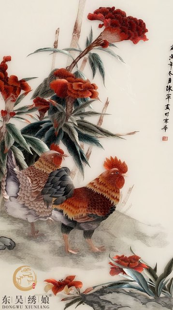 ຮ້ານຖັກແສ່ວດ້ວຍມື 1-4 ເສັ້ນໄຫມ Suzhou embroidery rooster ໃຫຍ່ທີ່ມີໂຊກດີໃນຫ້ອງໂຖງເຂົ້າຫ້ອງຮັບແຂກຮ້ານອາຫານ mural ແບບຈີນ
