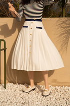 Miss TOPs coco French light luxury color contrast stitching press pleated heavy hardware elegant pleated skirt female spring