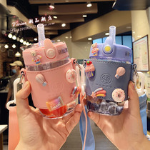 Hong Kong water glass female summer 2021 Student straw cup portable inclinable satchel plastic cup fresh Mori department with hand cup