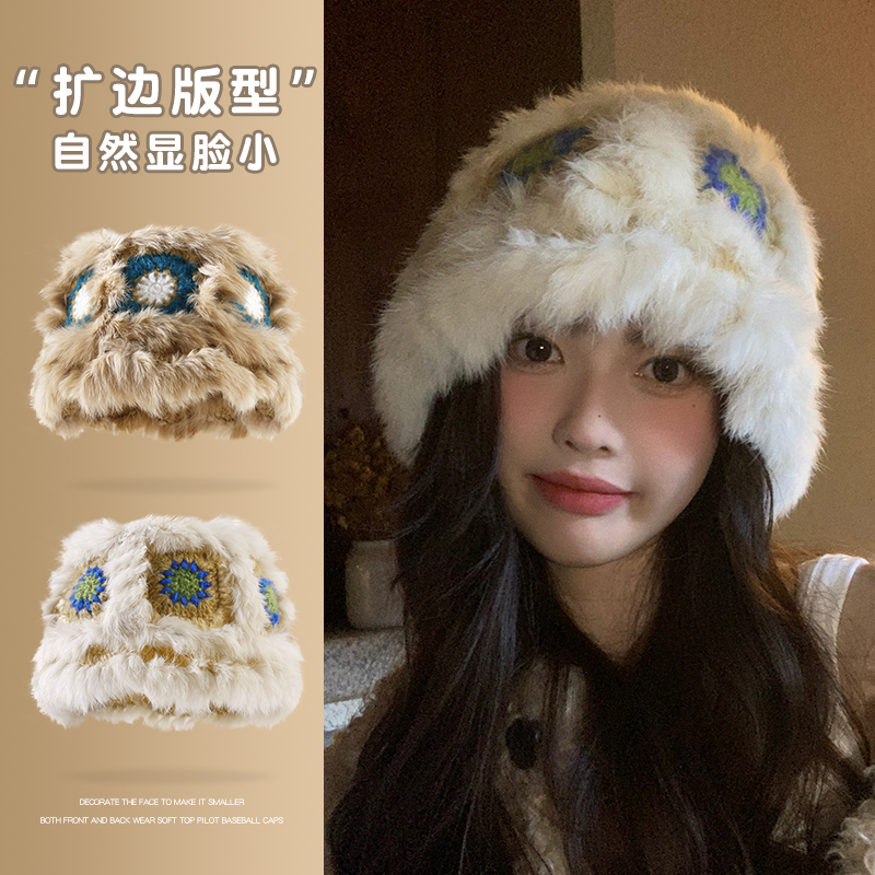 ウサギの毛皮のライオンの帽子、秋と冬用、かわいい、暖かい、豪華な漁師の帽子、多目的な顔の小さなバケツ、毛皮の洗面器の帽子