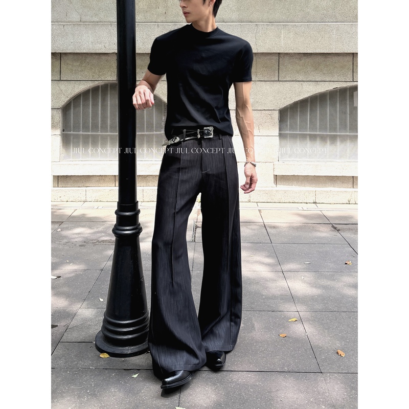 Jiul【Flowing Feel】Medieval Black Jazz Draped Cleanfit Tailored Flared Wide-Leg Trousers for Men