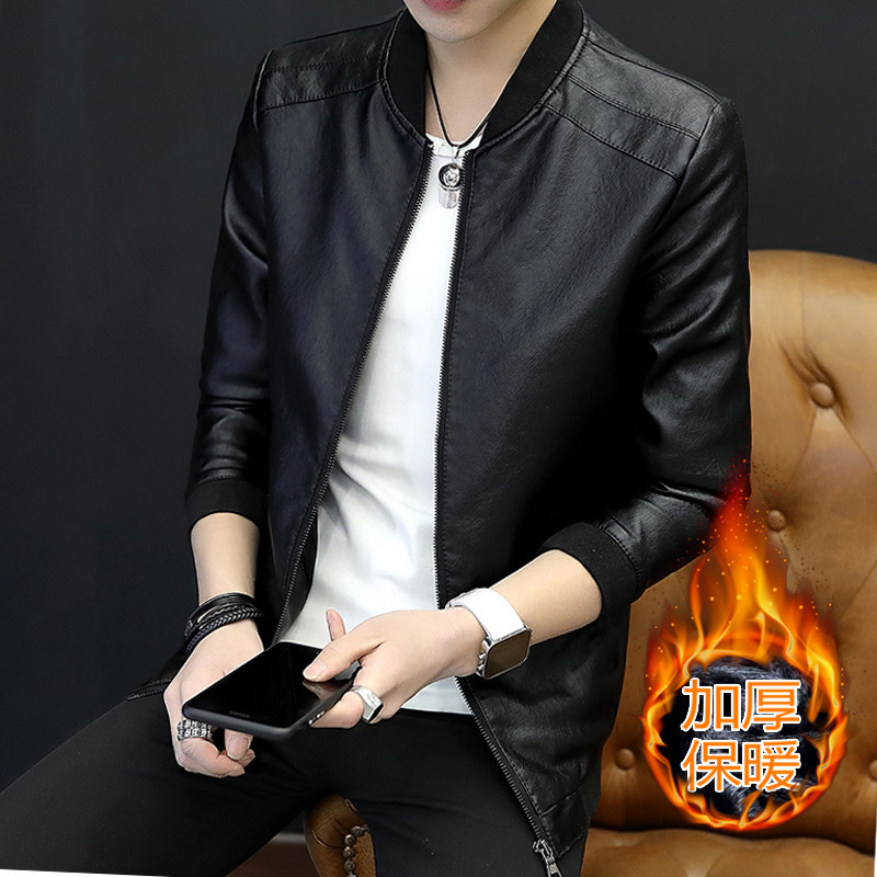 加绒皮衣男新款秋冬季韩版修身潮流帅气青年机车加绒外套皮夹克潮