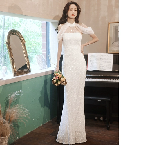 Элитное вечернее платье, юбка, белые сексуальные блестки для ногтей, крой «рыбий хвост»