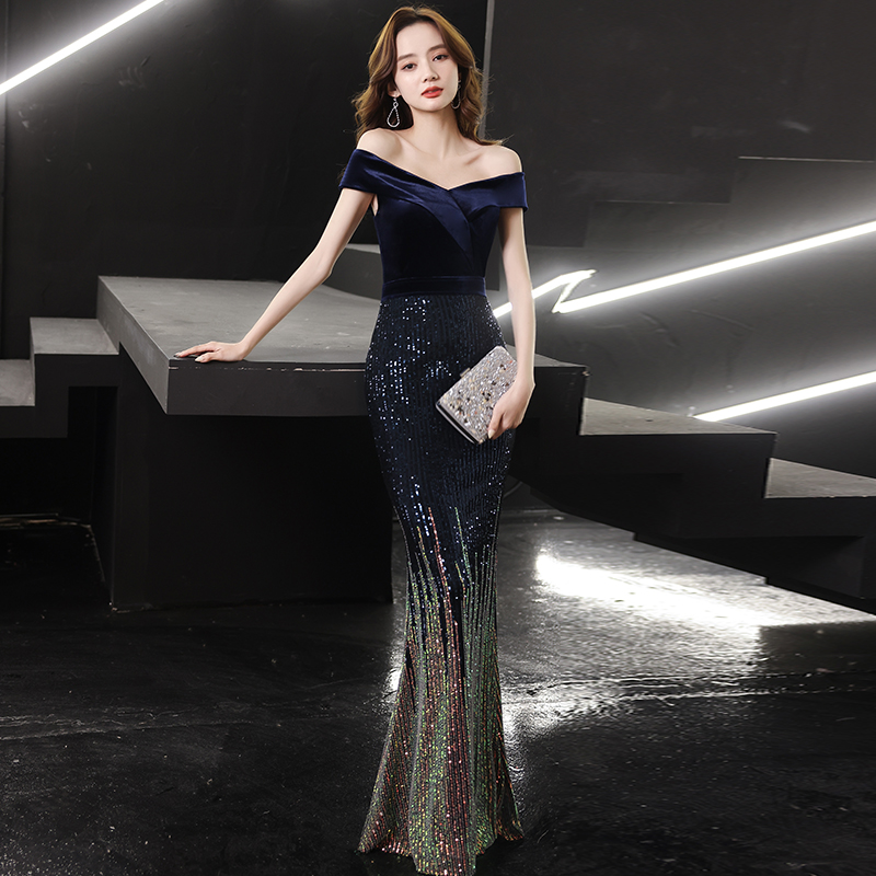 Elite evening dress, advanced nail sequins, new collection, high-end, open shoulders, 