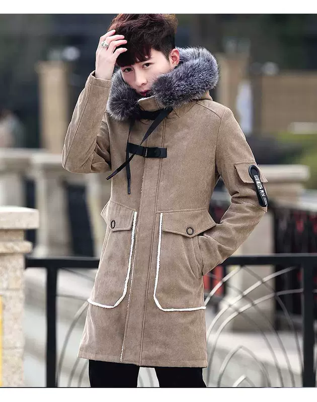 Áo len mùa thu và mùa đông trong phần dài của phiên bản Hàn Quốc của áo gió dày trùm đầu nam giới áo len ấm áp thủy triều