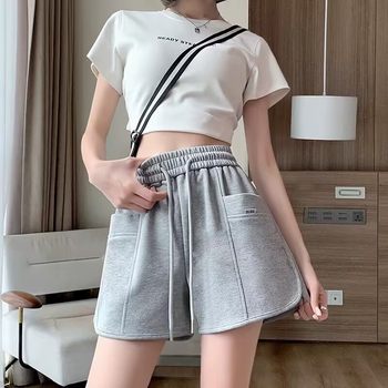 Gray Sports Shorts for Women, Summer High-Waisted, Slimming, Wide-Leg, Loose, Straight-Leg, Outerwear, Pure Cotton, Running, Casual, Three-Quarter Pants