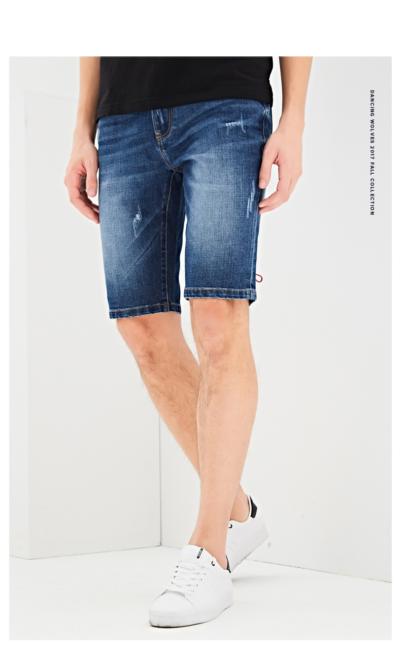 Nhảy múa với những con sói, quần short denim, nam năm quần, 2018 mùa hè người đàn ông mới của quần jean thẳng, thanh niên quần mỏng
