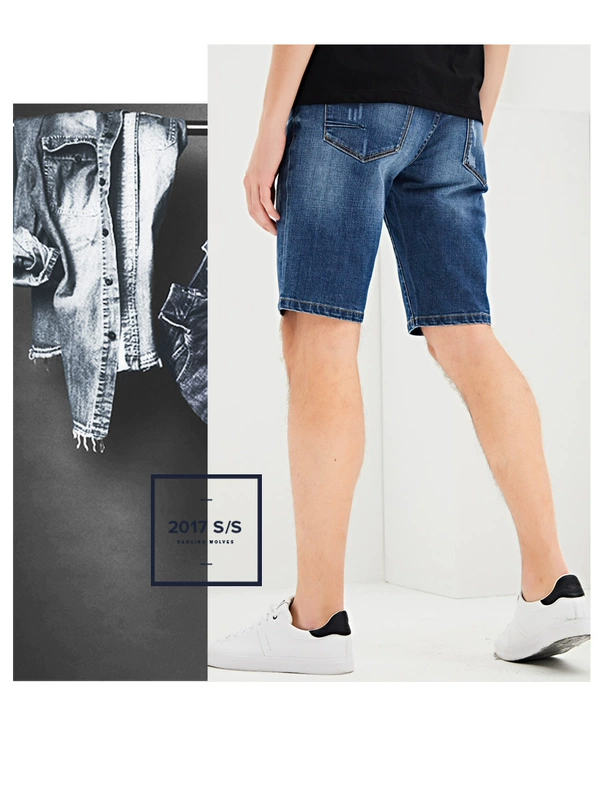 Nhảy múa với những con sói, quần short denim, nam năm quần, 2018 mùa hè người đàn ông mới của quần jean thẳng, thanh niên quần mỏng quần bò ống rộng nam