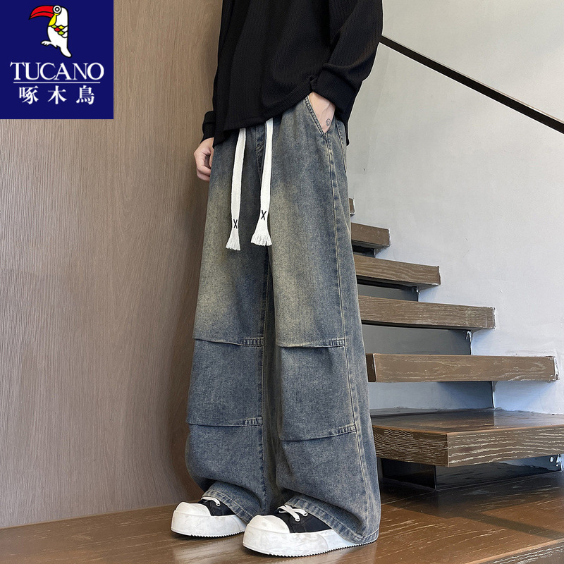 Woodpecker Brand Men's Jeans for Spring and Autumn, Trendy American Style, Wide-Leg Pants for Young Boys, Loose Straight-Leg Work Pants