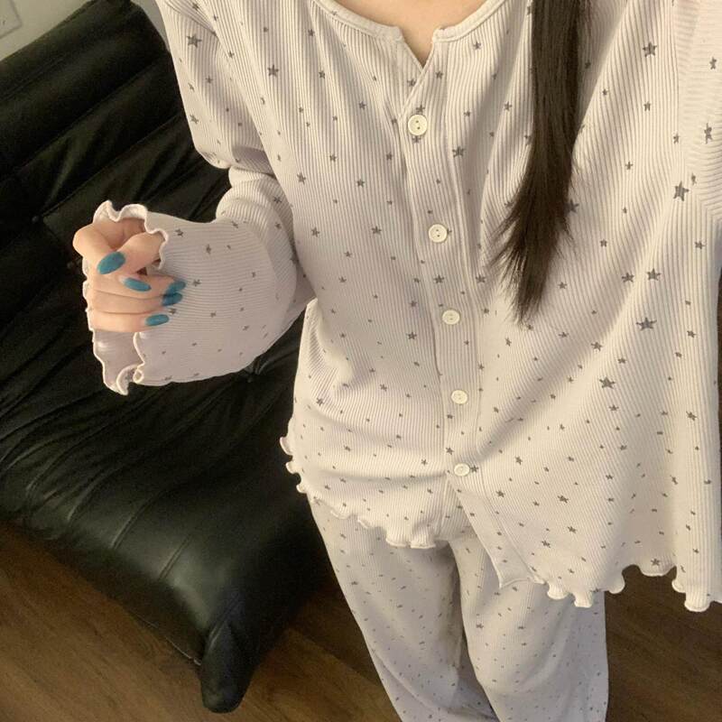 Korean-Style Star-Printed Long-Sleeved Pajamas for Women, Autumn Design, Simple, Loose, Casual Home Wear Set That Can Be Worn Outside