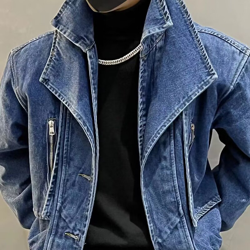 High-End Fashion Distressed Denim Jacket for Men with Double Collar Design, New Spring and Autumn Trendy Fake Two-Piece Denim Jacket