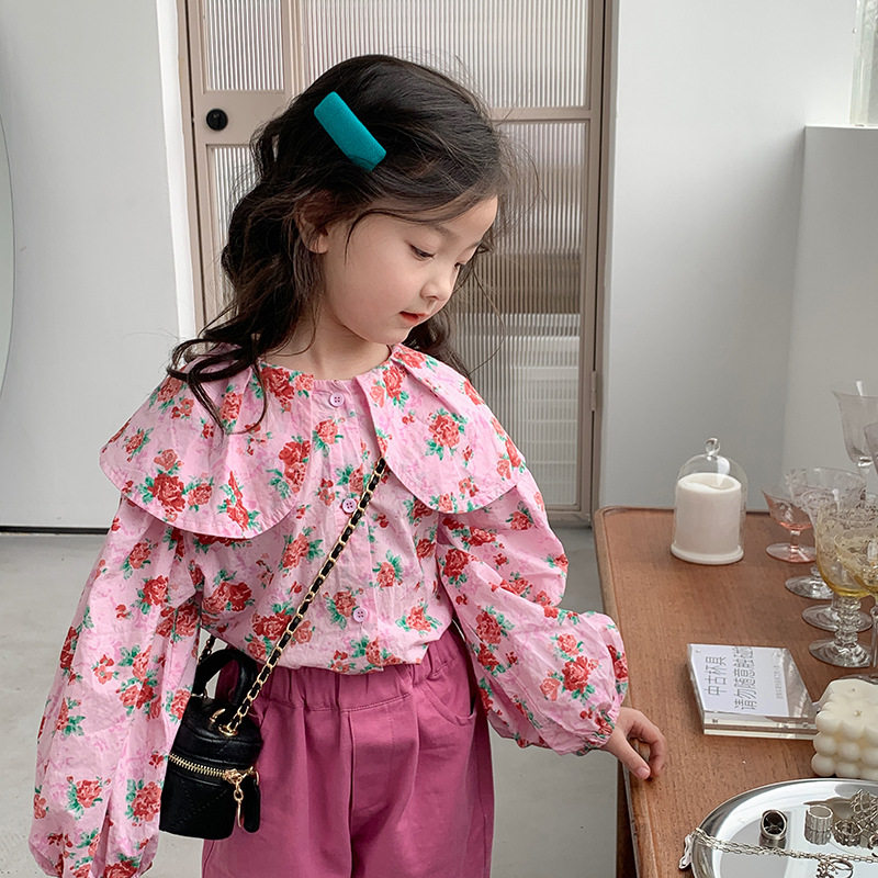 Girl Long Sleeve Shirt 2022 Spring New Child Crumbled Blouse Shirt Spring Dress Mid-Boy Korean Version Doll Shirt