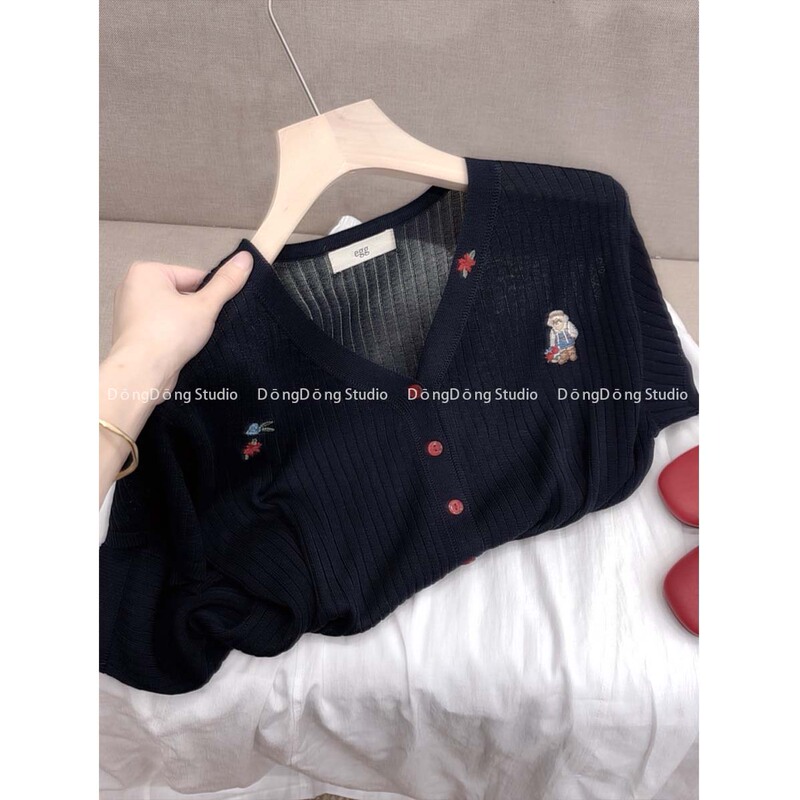 High-Quality Goods ~ / Rose and Bear / Short-Sleeved Cardigan V-Neck Knitwear for Women [Length 55cm, Bust 92cm] 83S36