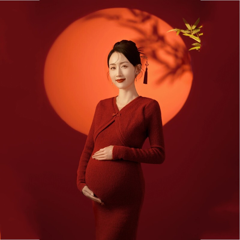 Maternity Photo Outfit Red Knitted Cheongsam Slim Long Dress Chinese Style New Chinese Style Photo Studio Maternity Photo Outfit