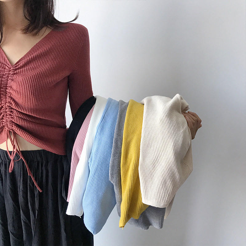 Fall V collar Long sleeves Knitted Sweatshirt Woman Sleeve Head Dressing short draw Rope Tight blouses 100 hitch a bottom fur coat