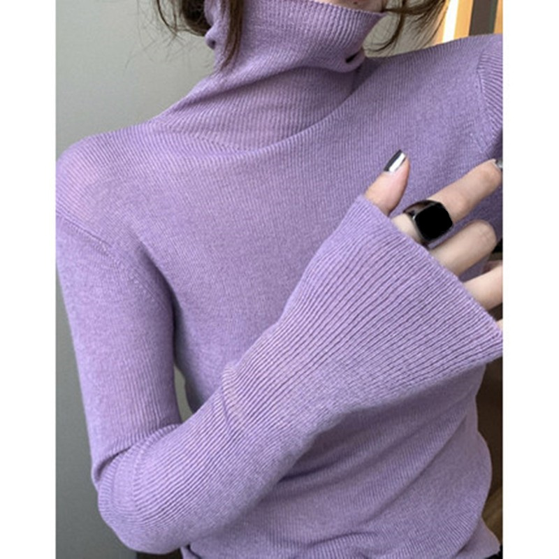 Taro Purple Turtleneck Tight-Fitting Knit Sweater for Women, New Trendy Style for Autumn and Winter, Stylish and Popular, Layered with a Stacked Collar, Base Layer Top