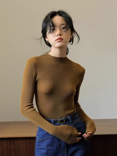 Демисезонный свитер, зеленый цветной трикотажный лонгслив, высокий воротник, в западном стиле, изысканный стиль