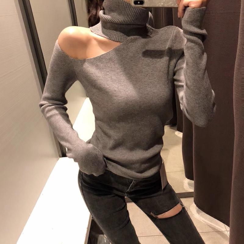 2022 autumn and winter 100 lap high collar Sexy blouse with open shoulder to build up to bottom stitch cardiovert woman long sleeve sweater