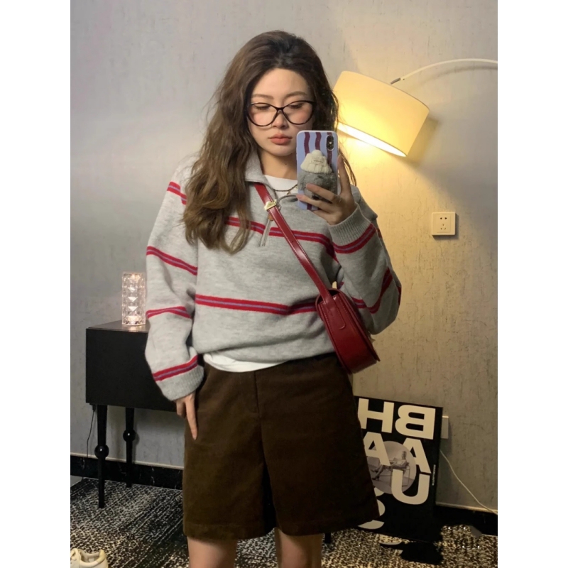 Polo Collar Half-Zip Striped Sweater Women's Autumn and Winter Lazy Style Knit Pullover Knit Sweatshirt 2026 New Style
