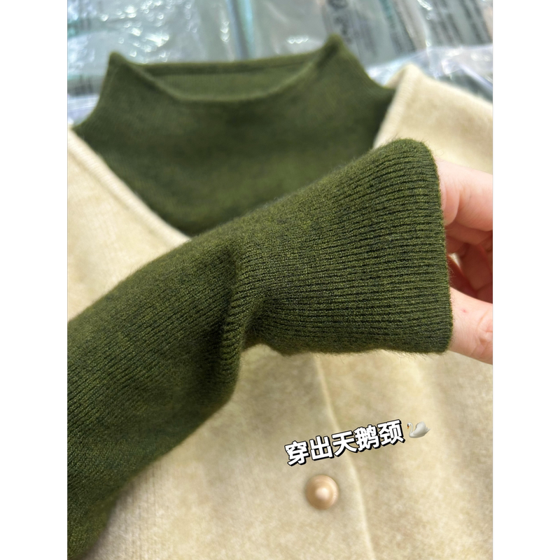French Retro Forest Olive Green Half-High Collar Knitted Bottoming Shirt for Women in Autumn and Winter, Soft and Waxy Sweater Top French Retro Forest Olive Green Half-High Collar Knitted Bottoming Shirt for Women in Autumn and Winter, Soft and Waxy Sweater Top