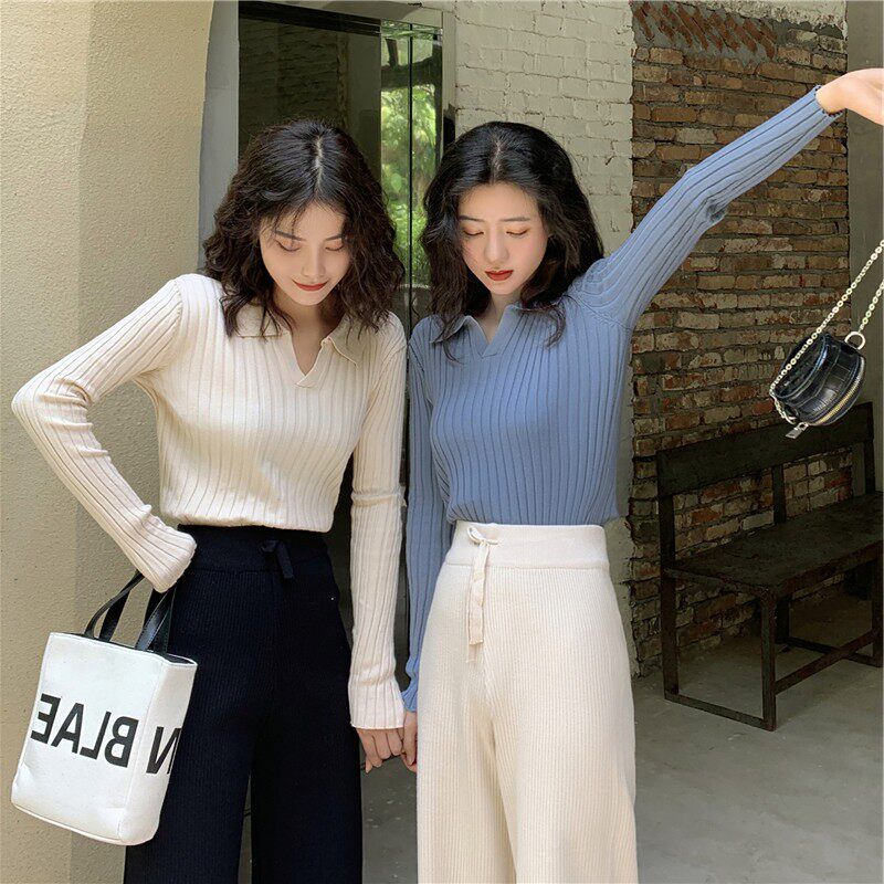 Polo turn over the knitted sweatshirt with gentle wind and a long sleeve blouse 100 hitch to the bottom V collar sweater for women autumn and winter