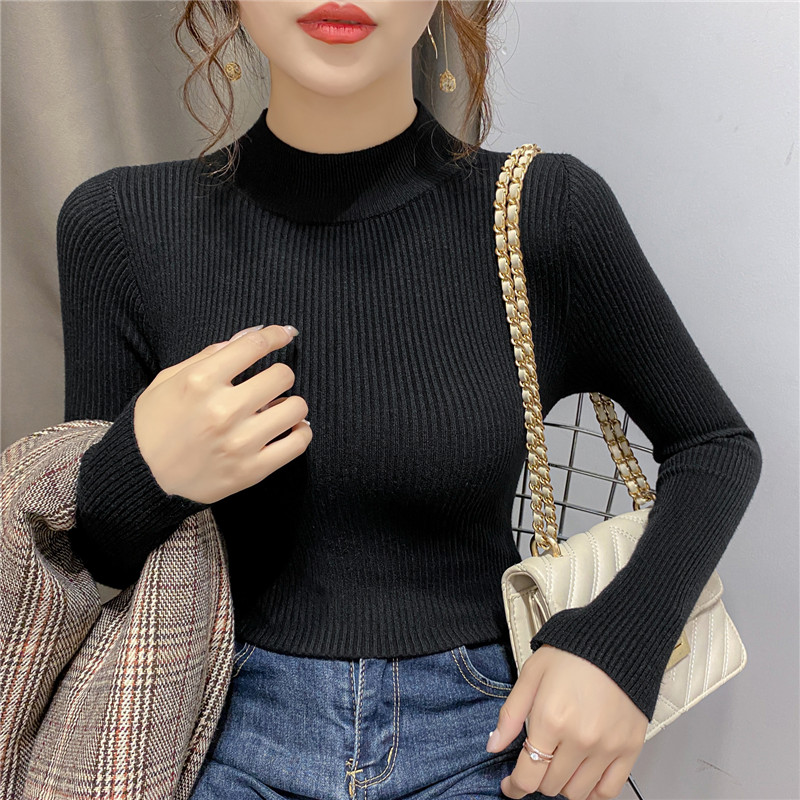 Bottoming shirt women's long-sleeved 2022 autumn and winter thin section half-high neckline black knitted sweater sweater top